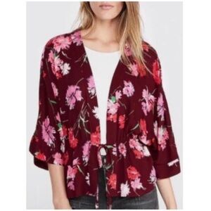 Express Maroon Floral Tie-Front Blouse with Pink & Red Flowers